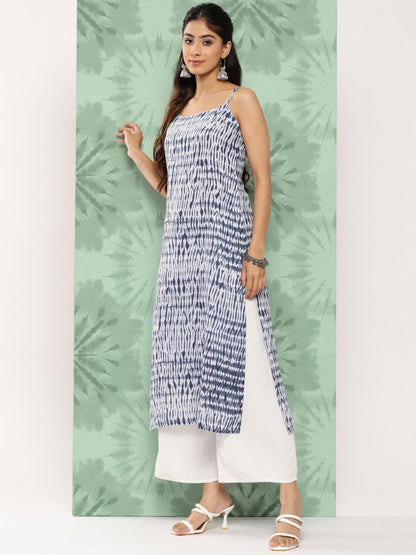 Blue And White Shibori Printed Spaghetti Strap Style Straight Kurta With Side Slits, With Adjuster Details On Strap