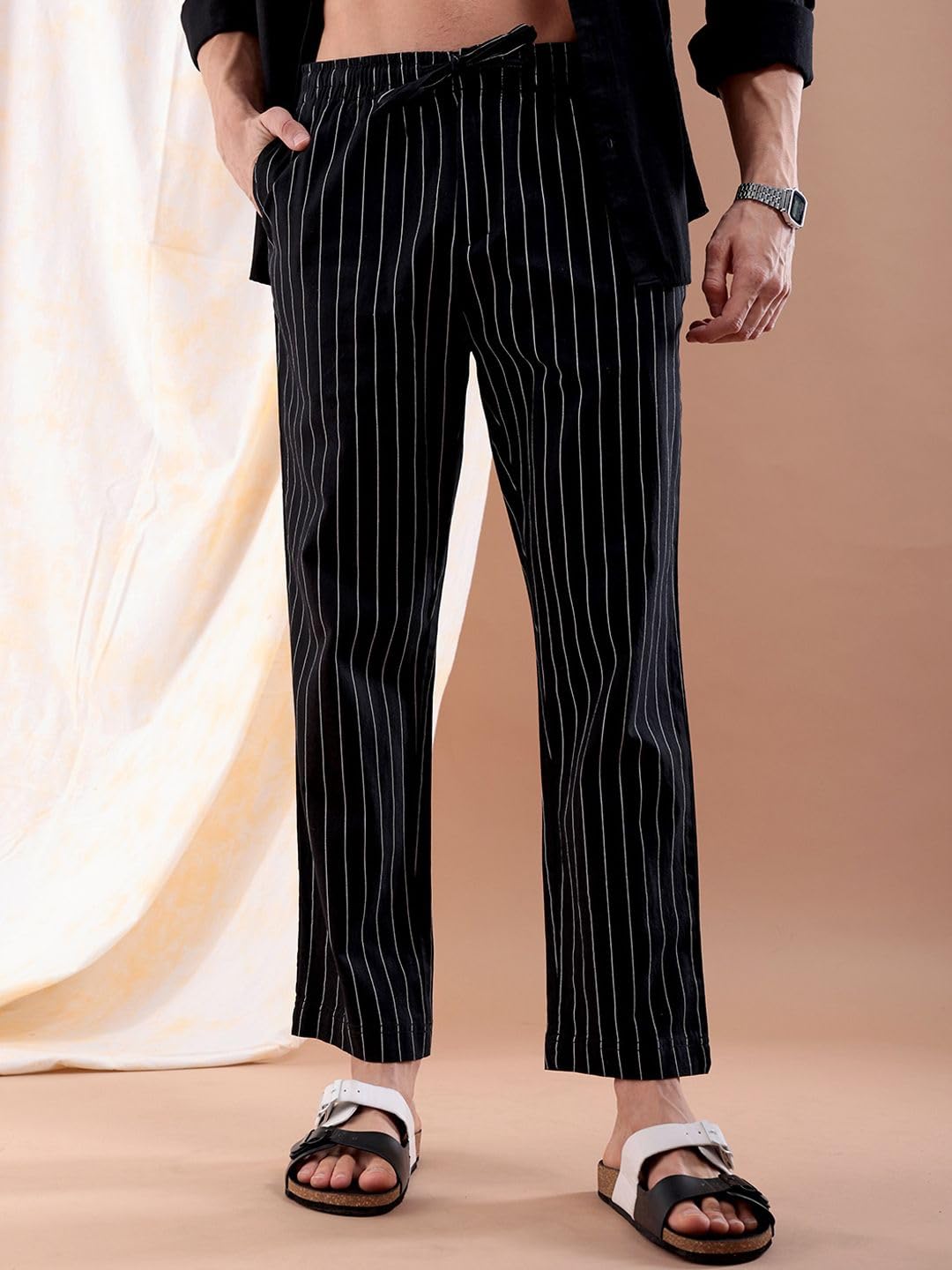The Indian Garage Co Men Regular Fit Striped Mid-Rise Elasticated Trousers Black