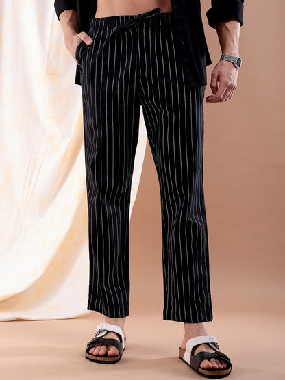 The Indian Garage Co Men Regular Fit Striped Mid-Rise Elasticated Trousers Black