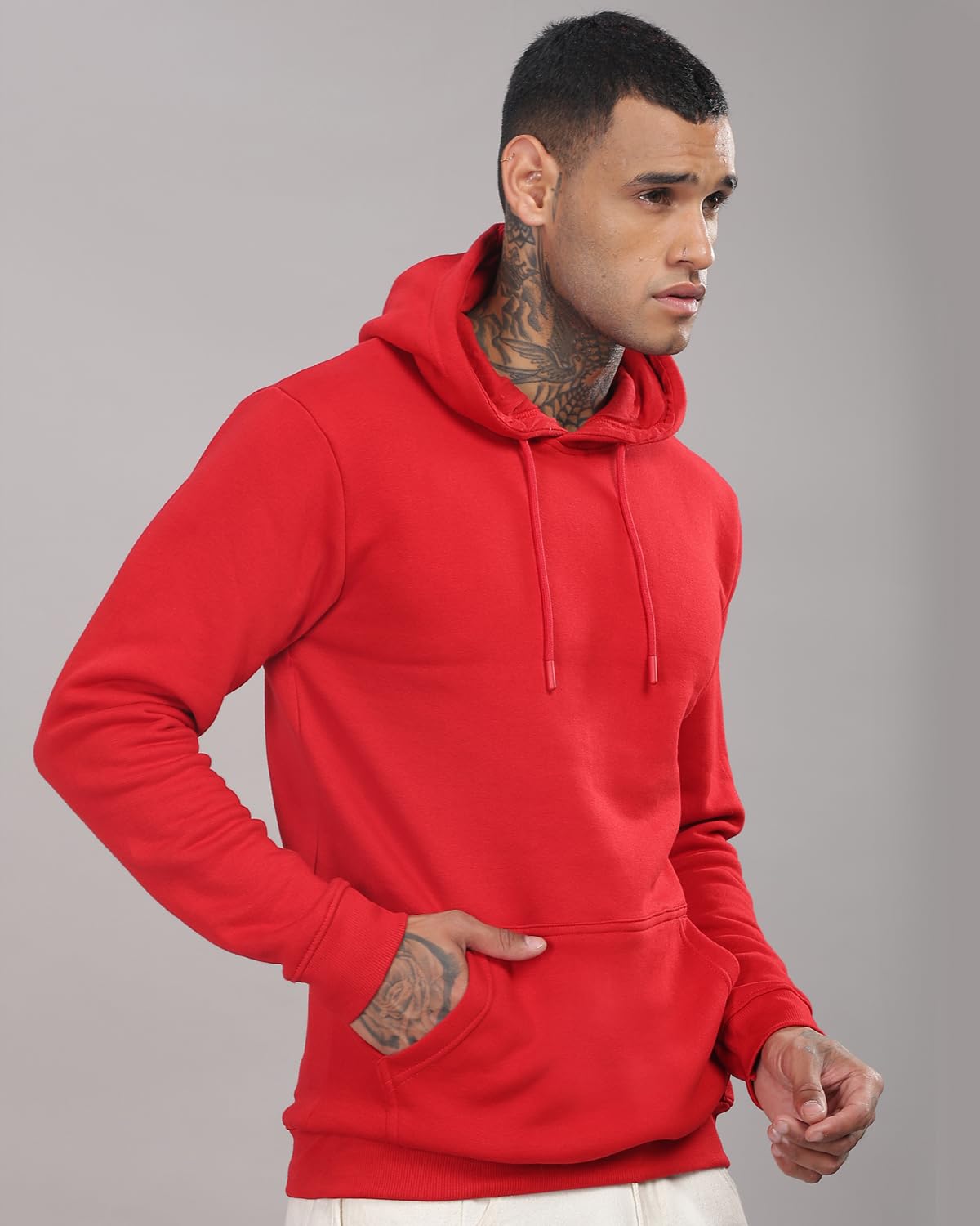 ADRO Men's Cotton Neck Hooded Sweatshirt (H24-M-PLN-RD_Red