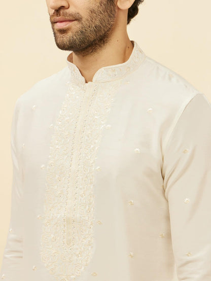 Manyavar Mens Warm White Blended Viscose Embroidered Kurta Pyjama Set