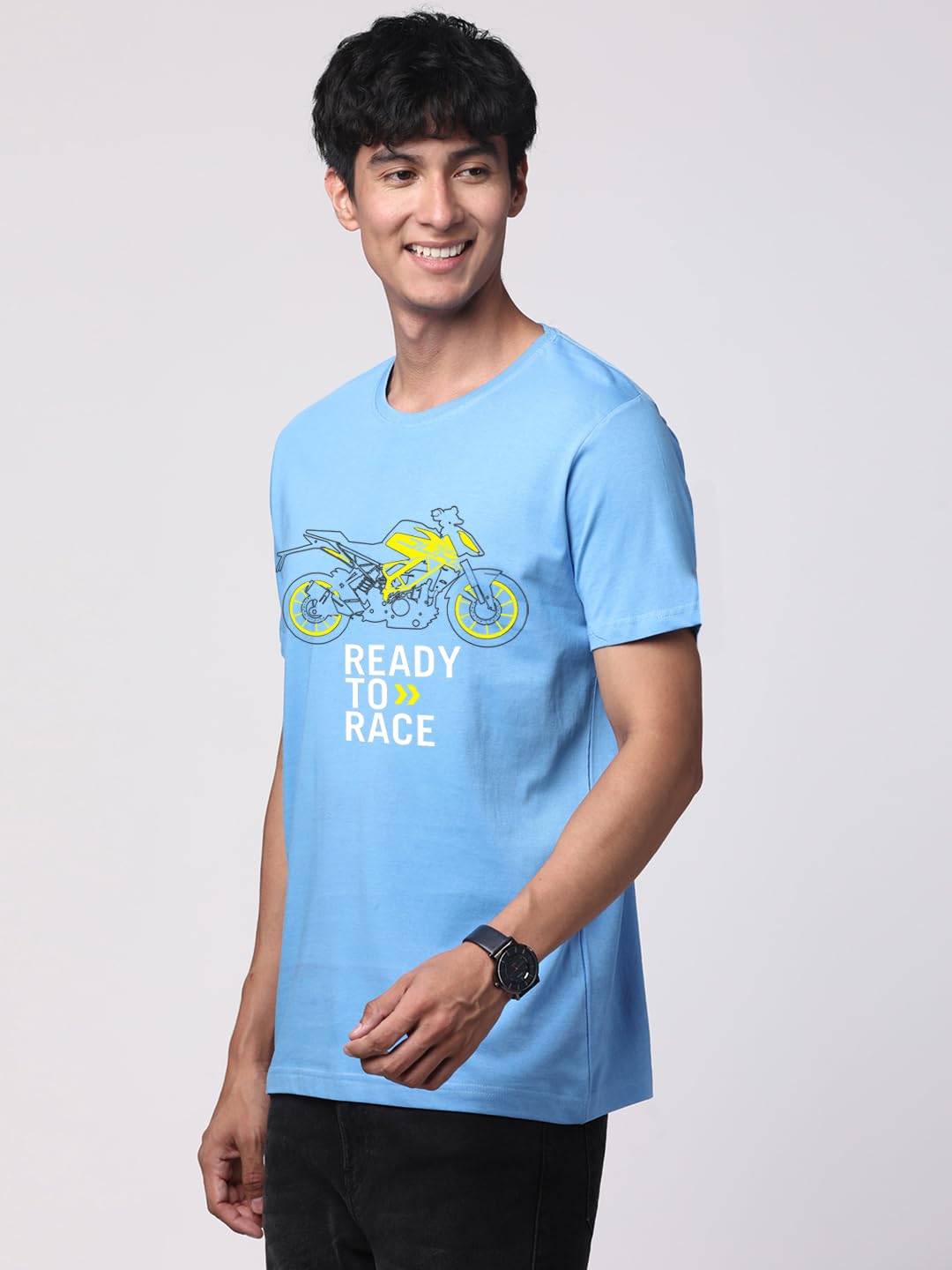 ADRO Men's Biker Design Printed 100% Cotton T-Shirt - Regular Fit, Printed T-Shirts for Men (RN24-KTM-SK_Sky Blue)
