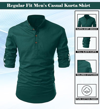 Finivo Fashion MenS Cotton Blend Solid Full Sleeve Short Kurta Shirt Dark Green