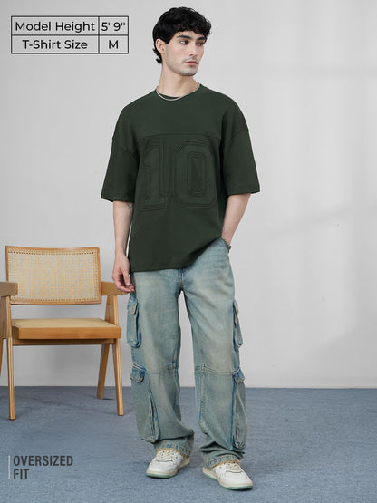 The Souled Store Olive Tree Men and Boys Short Sleeves Round Neck Green Embellished Cotton Super Oversized T-Shirts