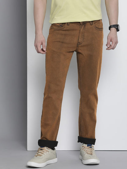 The Indian Garage Co Men Slim Straight Fit Solid Mid-Rise Stretchable Jeans Brown