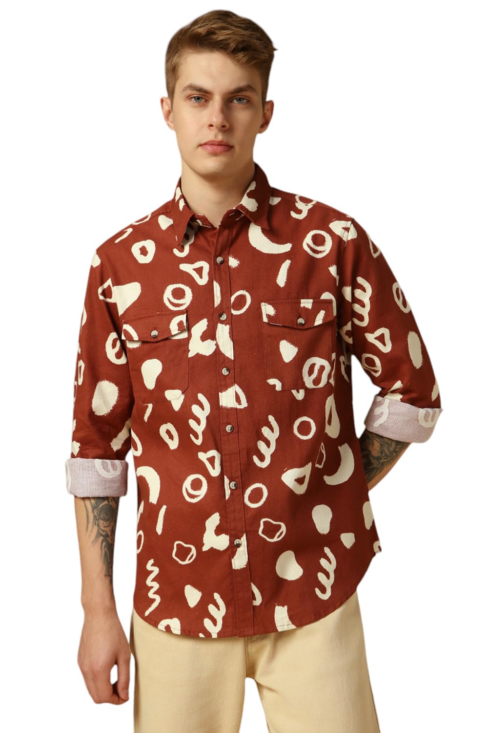 Dennis Lingo Men Rust Abstract Print Relaxed Fit Full Sleeve Spread Collar Shirts