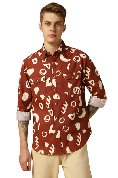 Dennis Lingo Men Rust Abstract Print Relaxed Fit Full Sleeve Spread Collar Shirts