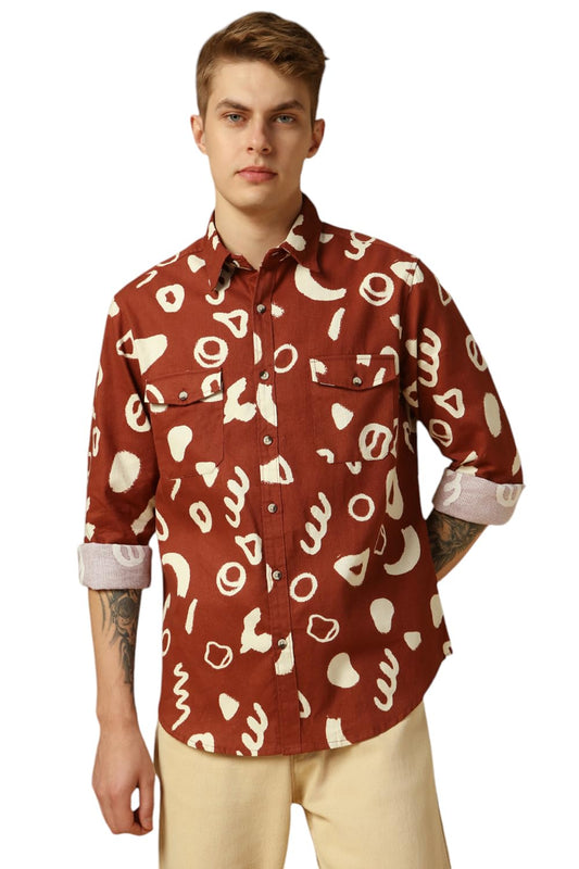 Dennis Lingo Men Rust Abstract Print Relaxed Fit Full Sleeve Spread Collar Shirts