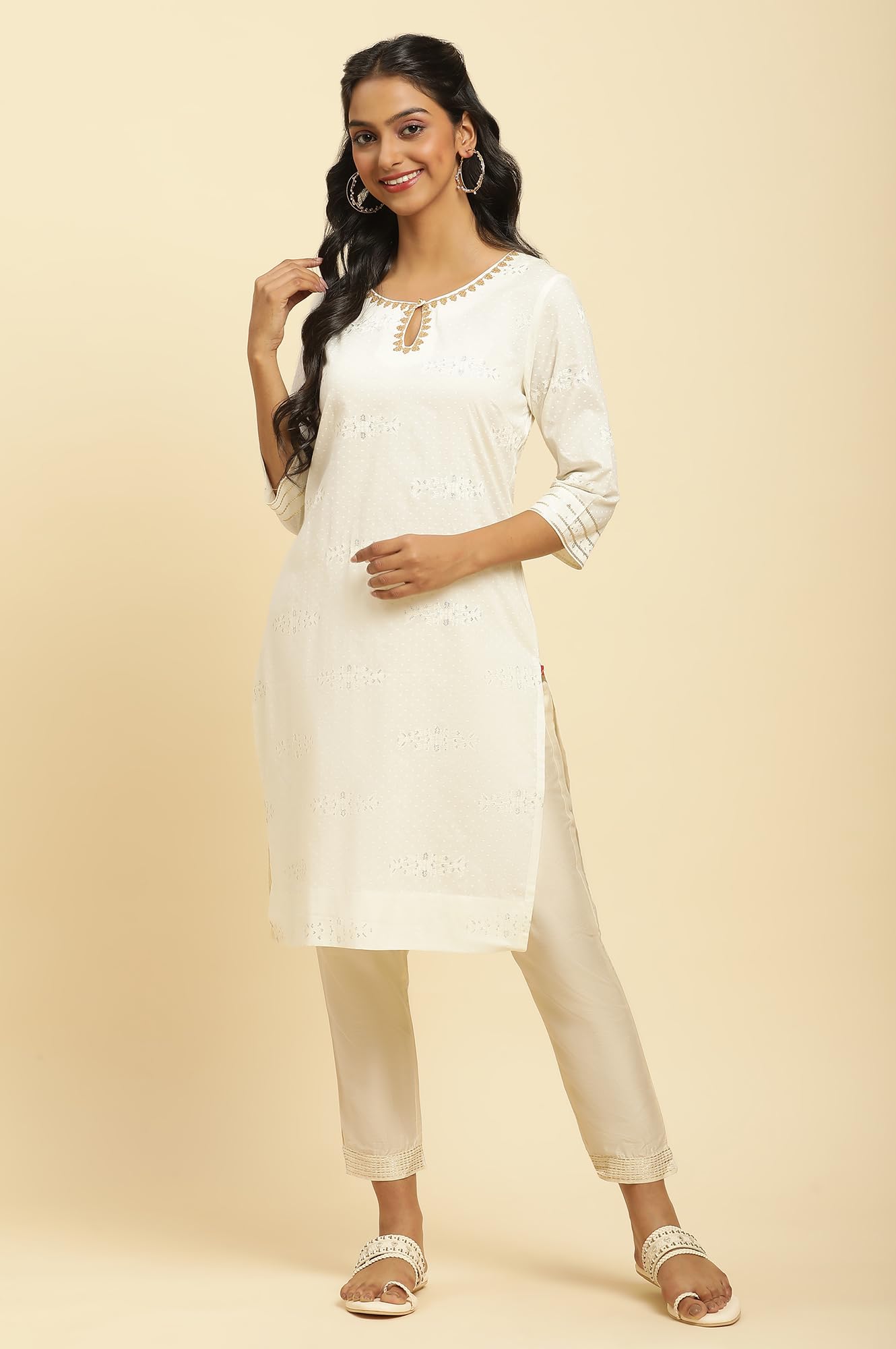 W for Woman Cotton Ecru Gitter Printed Embellished Kurta