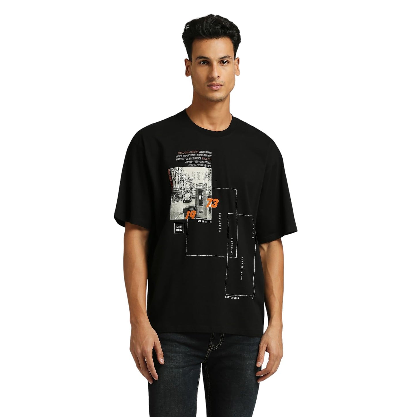 Pepe Jeans Men Cotton Printed Oversized Fit T-Shirt (Pm509573_Black, Large)