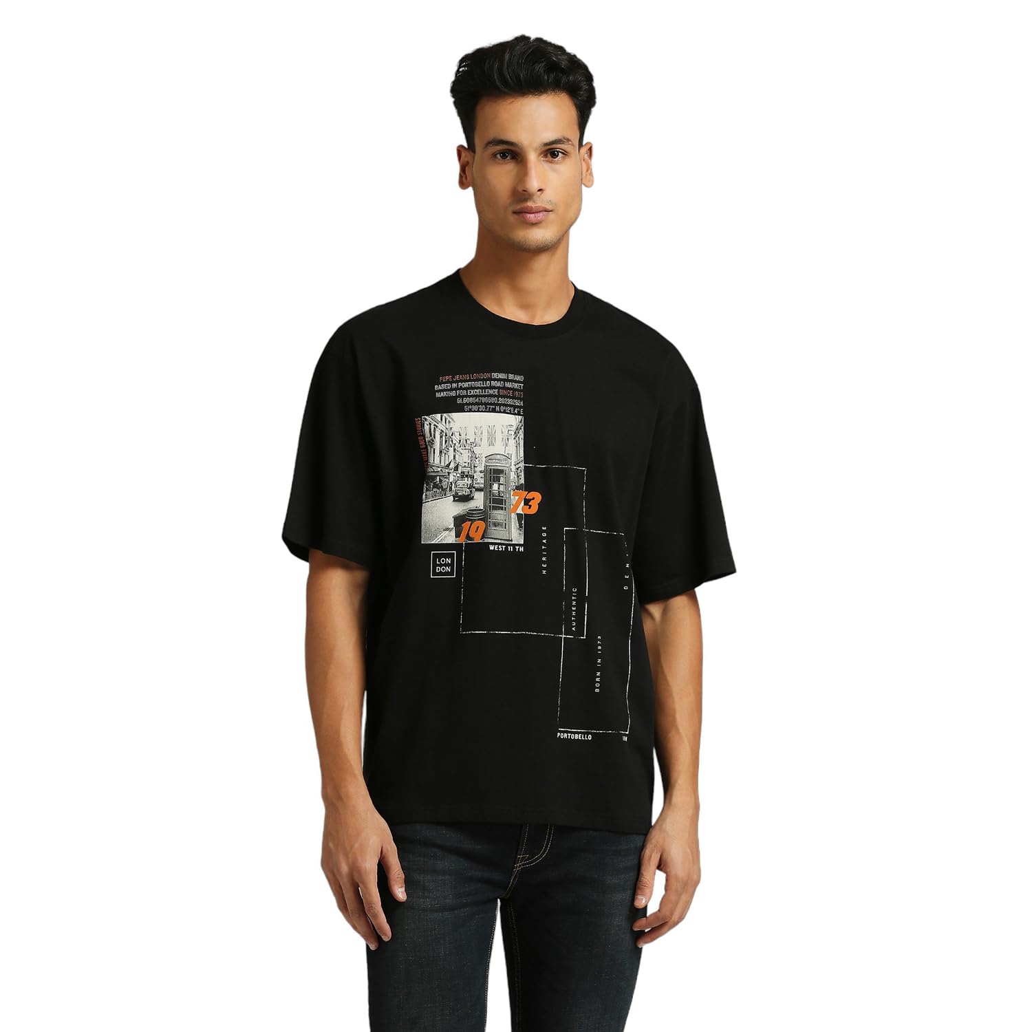 Pepe Jeans Men Cotton Printed Oversized Fit T-Shirt (Pm509573_Black, Large)