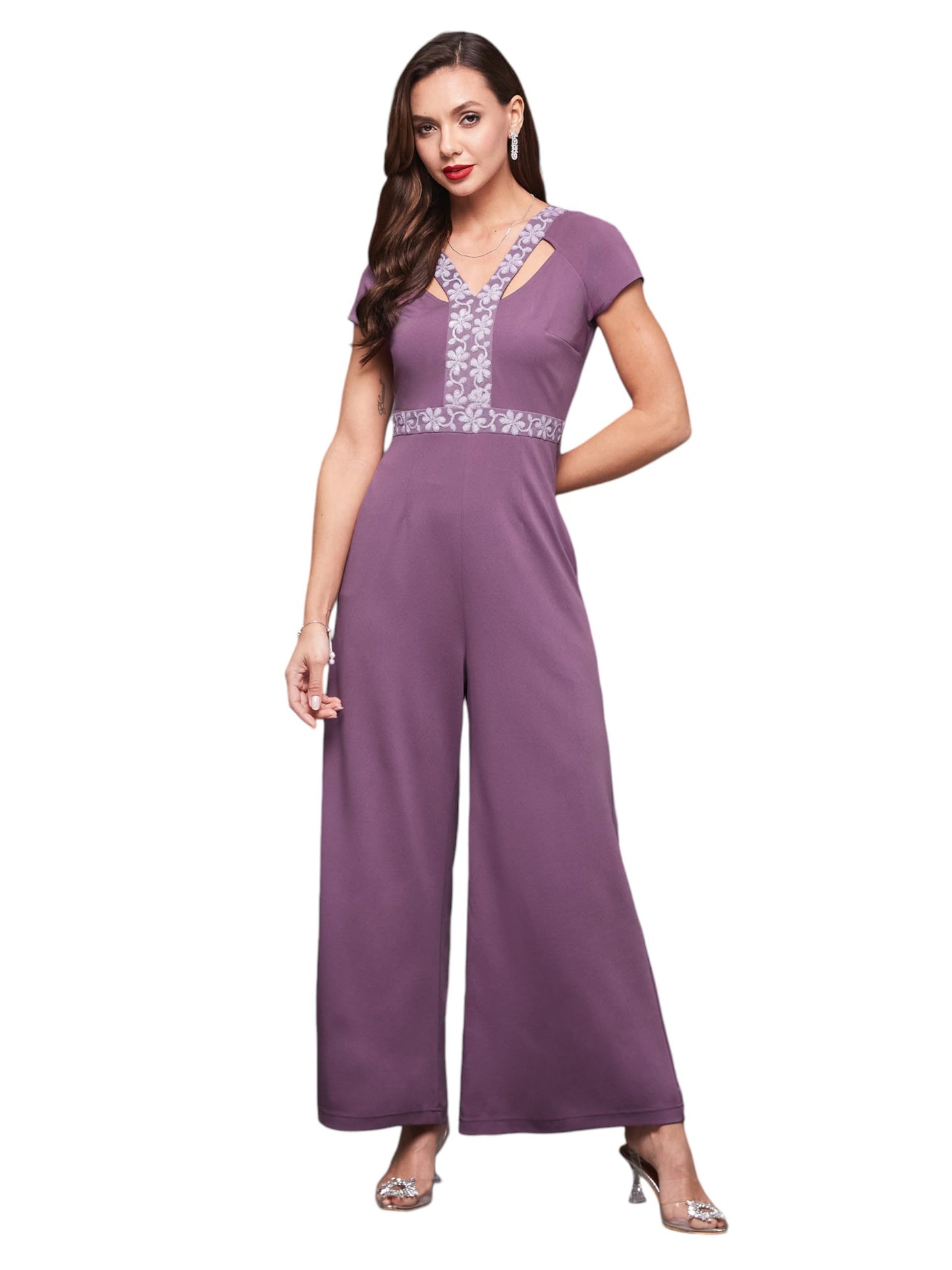 Miss Chase Womens V Neck Raglan Sleeve Embellished Regular Length Polyester Jumpsuit (MCSS23D15-65-241-06, Dark Lavender, XL)