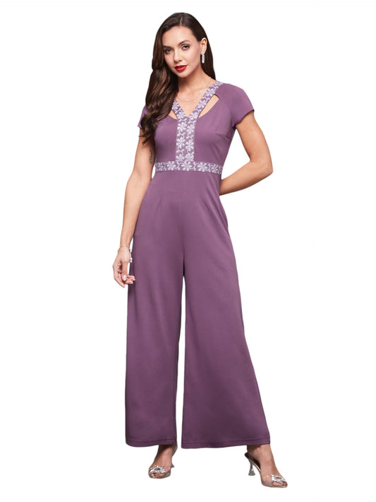 Miss Chase Womens V Neck Raglan Sleeve Embellished Regular Length Polyester Jumpsuit (MCSS23D15-65-241-06, Dark Lavender, XL)