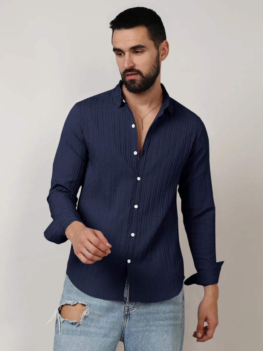 Finivo Fashion MenS Casual Cotton Plain Button Down Shirts Long Sleeve Textured Summer Beach Shirt For Men Navy