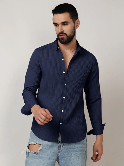 Finivo Fashion MenS Casual Cotton Plain Button Down Shirts Long Sleeve Textured Summer Beach Shirt For Men Navy