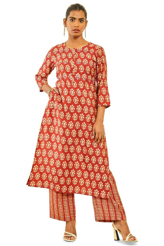 Soch Womens Rust Muslin Floral Print Kurta Sets with Pocket