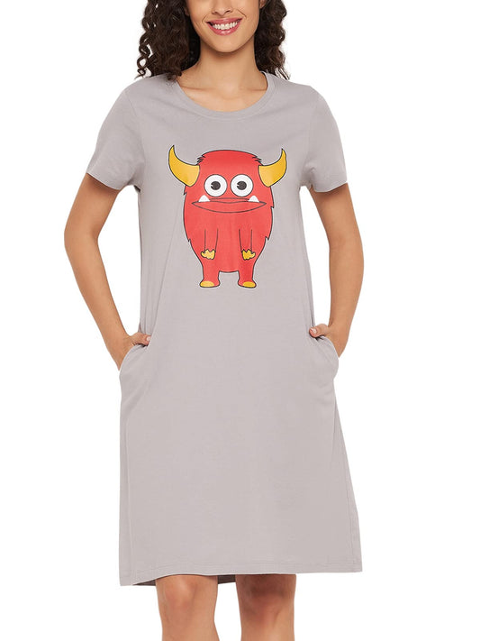 Clovia Womens Cotton Printed Short Nightdress (NS1209J01_Grey_S)