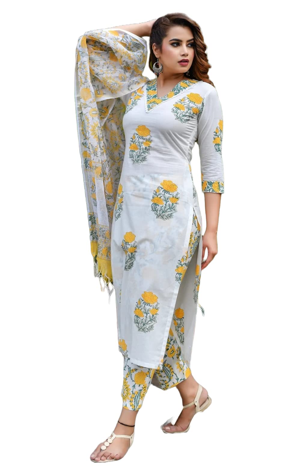 KLOSIA Women Straight Block Printed Kurta and pant set with Dupatta (Small)