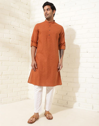 Fabindia MenS Cotton Printed Slim Kurta (1037104Rust_Rust