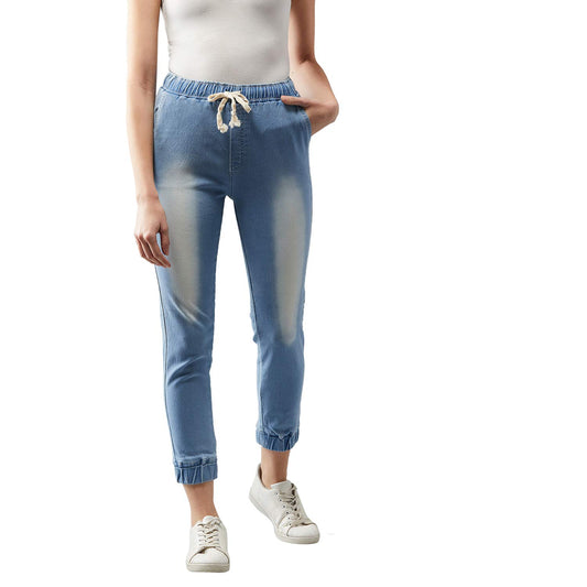 Dolce Crudo WomenS Light Blue Solid Mid Rise Clean Look Regular Length Ice Wash Stretchable Denim Jogger Pants(Doss19Den06-18-15