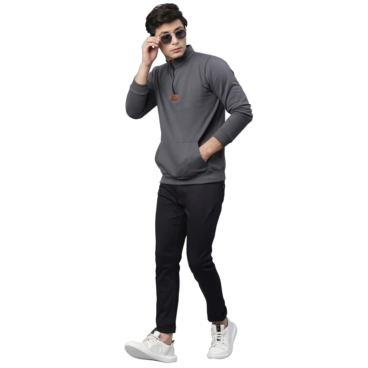 Rigo Mens Dark Grey Solid Full Sleeves High Neck Half-Zip Stand Collar Cotton Fleece Sweatshirt