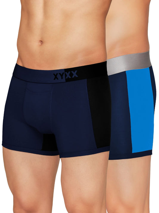 XYXX Mens Underwear Dualist IntelliSoft Antimicrobial Micro Modal Trunk Pack of 2 (Black Iris & Black ; Black Iris & Brilliant