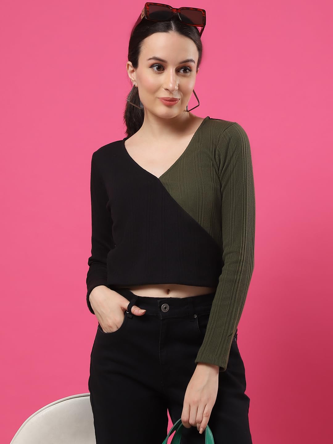 Rigo Casual Wear V Neck Rib Knit Top for Women | Slim Fit Long Sleeves Western Tops for Women