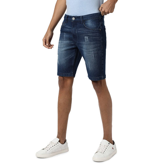 Campus Sutra Mens Classic Blue Dark-Washed Solid Patterned Regular Fit Denim Shorts, Premium Stretchable Cotton Mid-Rise Crafte