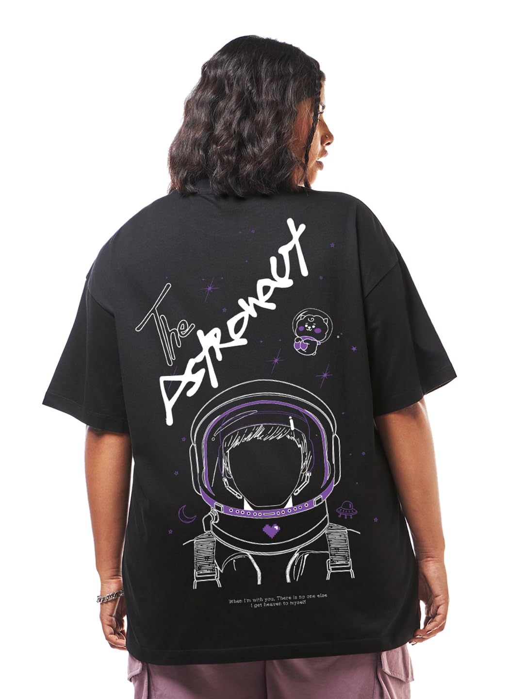 Bewakoof BTS Womens Graphic Print Oversized Fit Half Sleeve Round Neck Cotton Plus Size T-Shirt_634138_Black_6XL