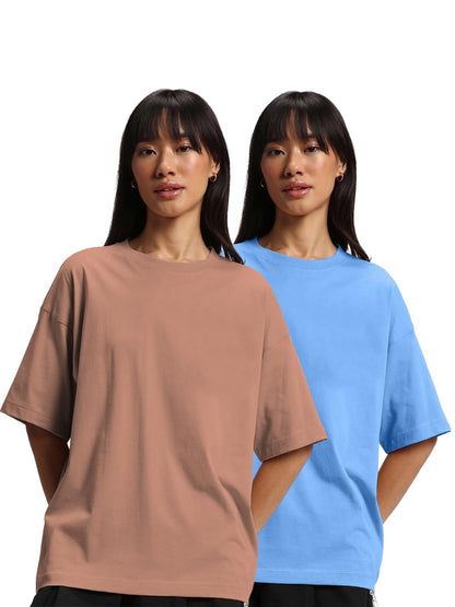 JUNEBERRY Pure Cotton Drop Shoulder Oversized Baggy Fit Half Sleeve Plain Solid Round Neck Multicolor T-Shirt for Women & Girls
