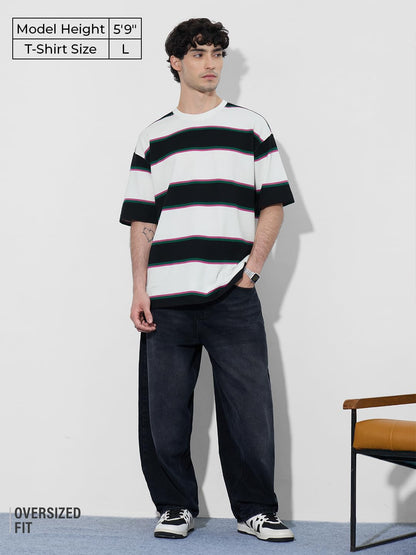 The Souled Store Oversized T-Shirt: Stripes Urban Edge Men and Boys Short Sleeves Round Neck White Striped Cotton Oversized T-Sh