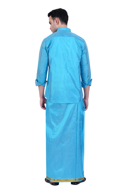 Prakasam Cotton-Mens Art Silk Wedding Set/Art Silk 8 Mulam (8-Yard) Dhoti And Stitched Half Sleeve Shirt