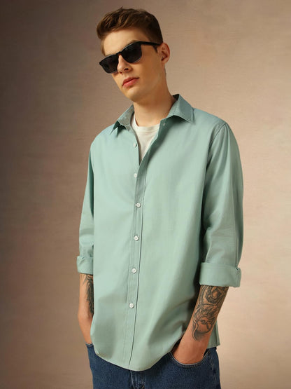 Dennis Lingo MenS Sage Green Full Sleeve Spread Collar Solid Regular Fit Casual Shirt