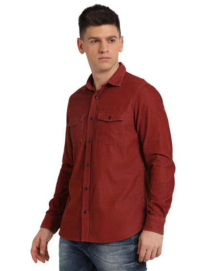 Turtle Men 100% Cotton Slim Fit Red Solid Casual Shirt