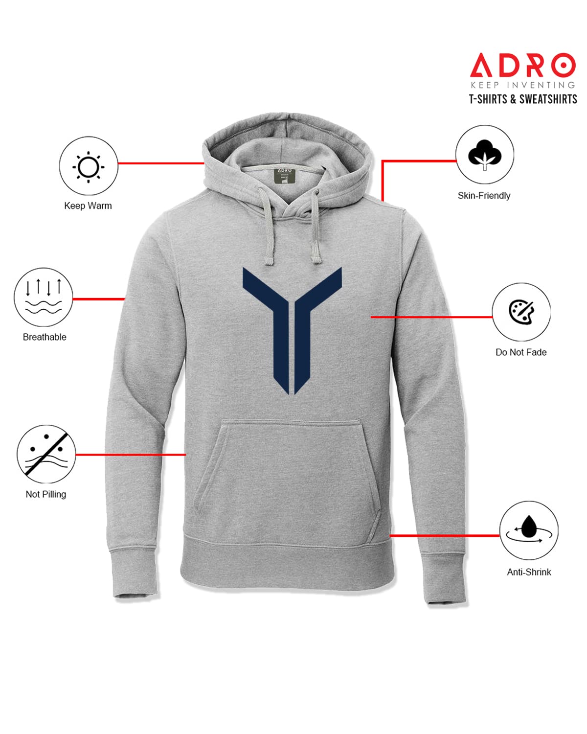 ADRO Men's Cotton Neck Hooded Sweatshirt (H22-M-LNN-GR_Grey)