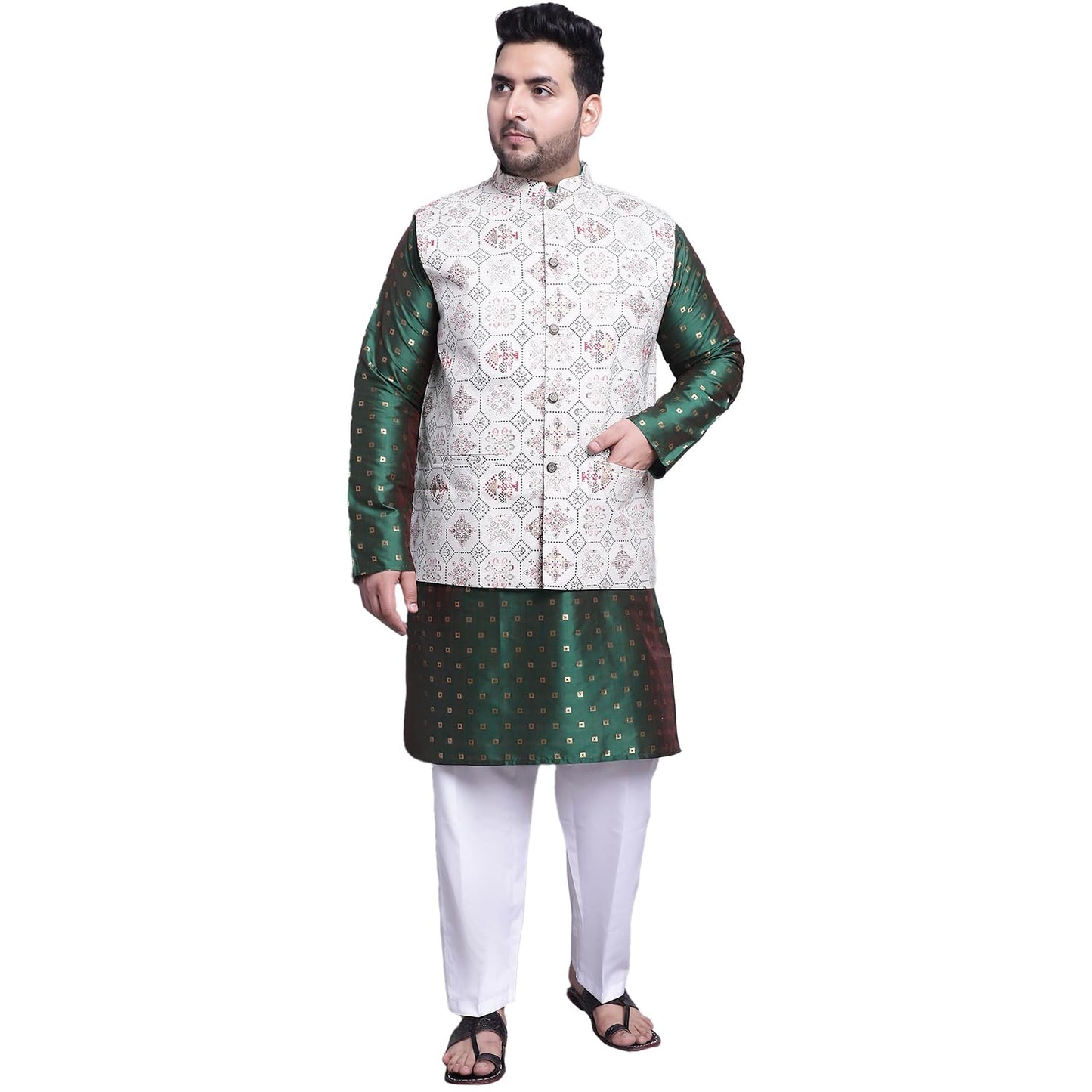 SOJANYA (Since 1958 Men's SilkBlend DGreen Kurta & White Pyjama With Cream Printed Nehrujacket