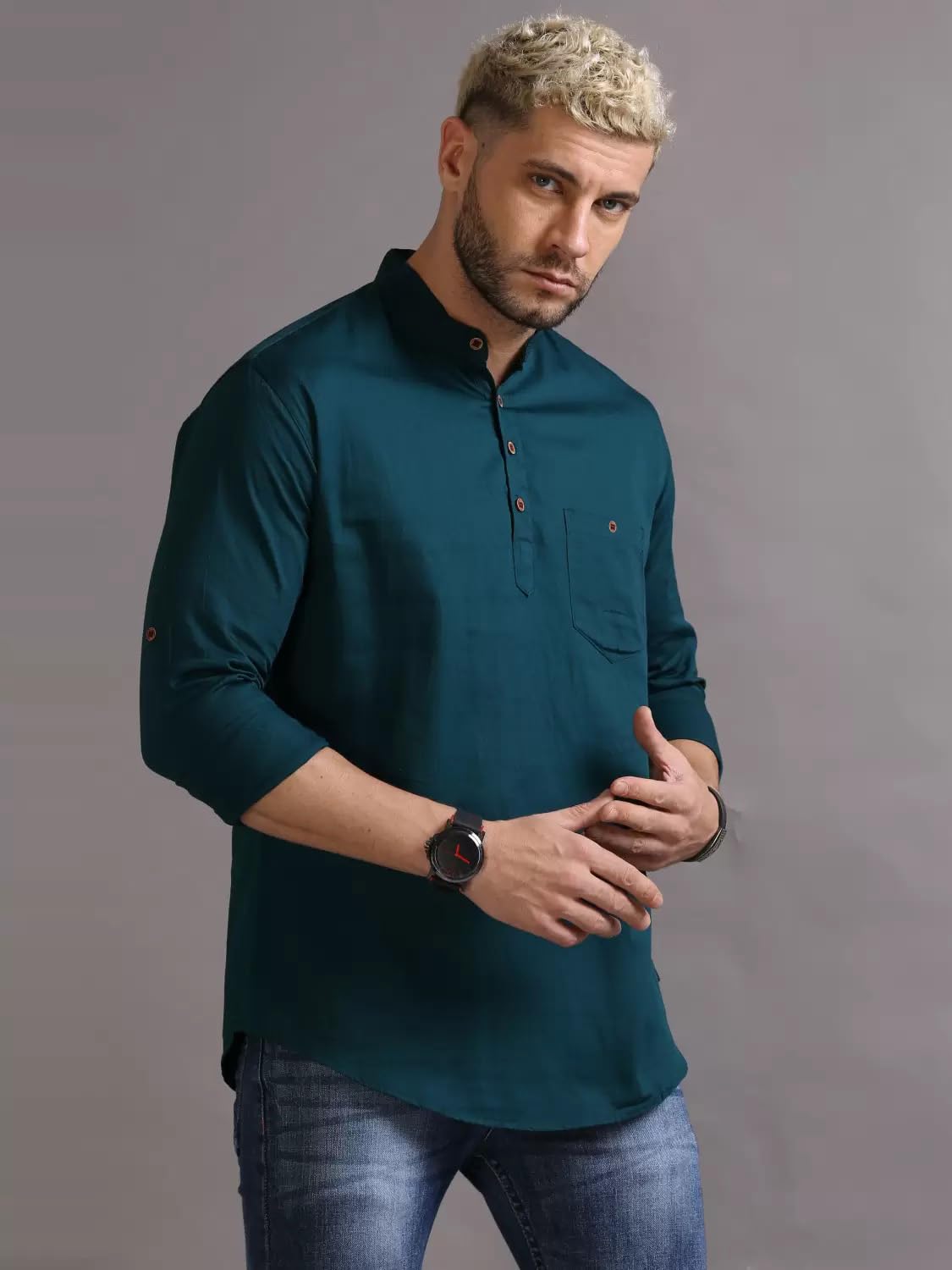 Deemoon MenS Regular Fit Solid Spread Collar Casual Shirt With A Trendy Mandarin Collar Crafted From A Premium Cotton Blend Aqu