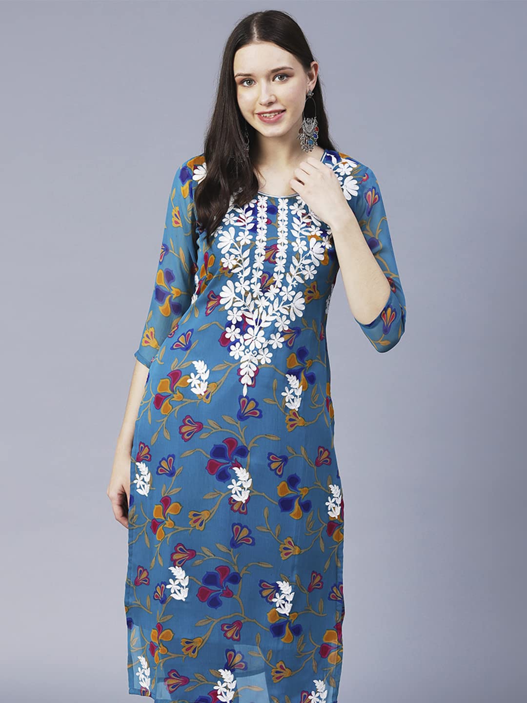 GoSriKi Women's Printed Georgette Chikankari Embroidered Kurti (Gori-Cerosin-Nw-GS)