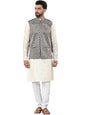 SOJANYA (Since 1958 Men's Cotton Silk Embroidered Cream Kurta and White Pyjama with Designer Navy Nehru Jacket