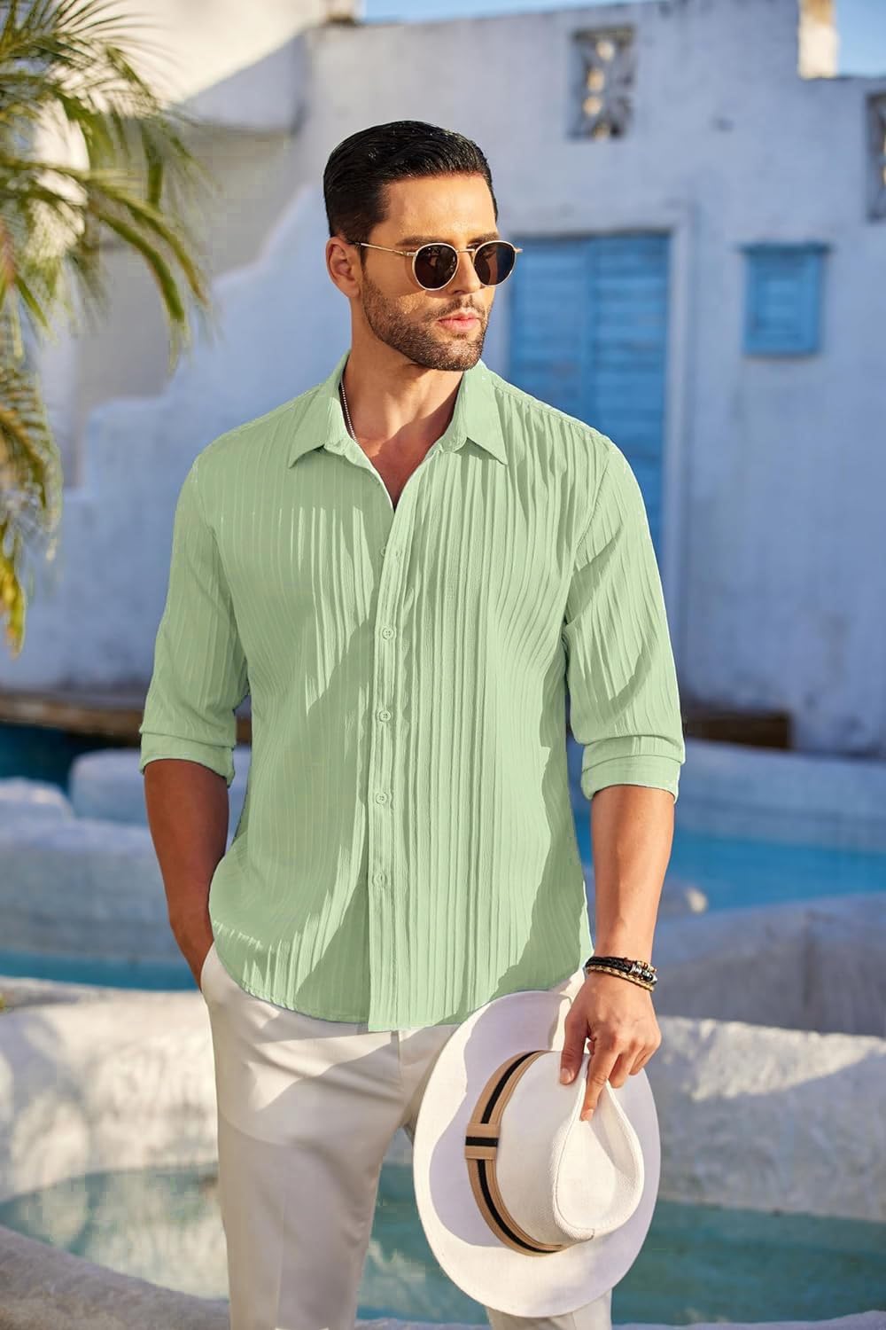 Deelmo MenS Button Down Dress Shirts Textured Long Sleeve Casual Hawaiian Beach Shirt Pista