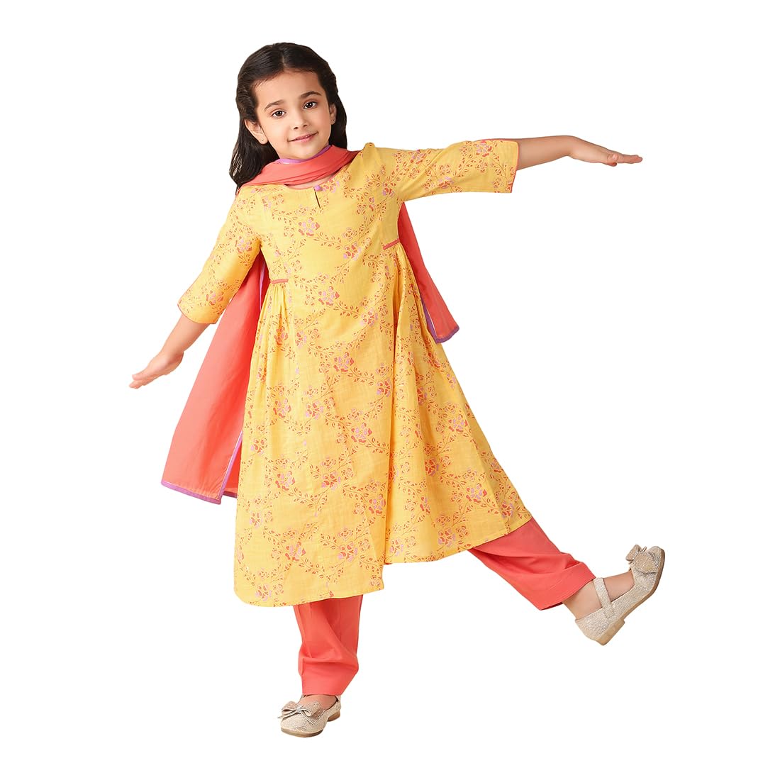 Fabindia Girl's Cotton Printed Regular Salwar Set (1030906DEEPYELLOW_Yellow