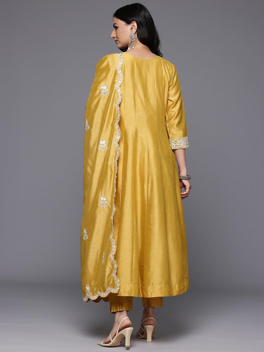 Varanga Women Yellow Floral Thread Embroidered Anarkali Kurta With Bottom & Dupatta  Elegant Ethnic Wear