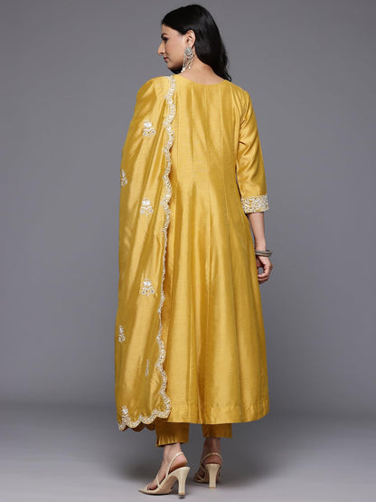 Varanga Women Yellow Floral Thread Embroidered Anarkali Kurta With Bottom & Dupatta  Elegant Ethnic Wear