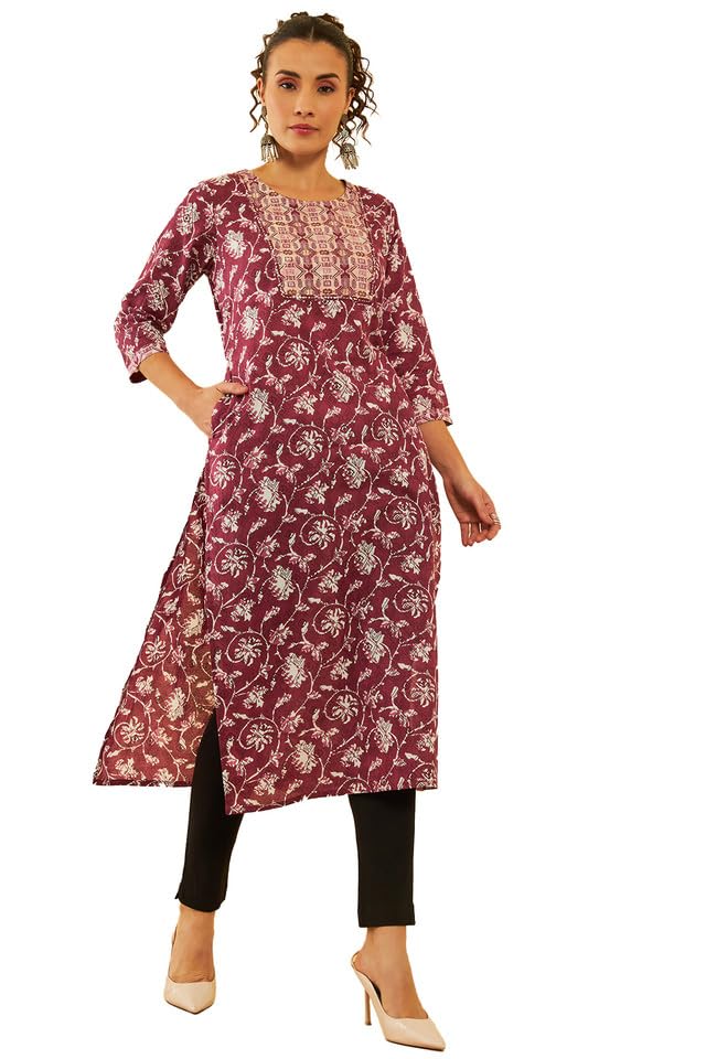 Soch Womens Wine Cotton Ajrak Printed Kurta With Sequinned Zari Work