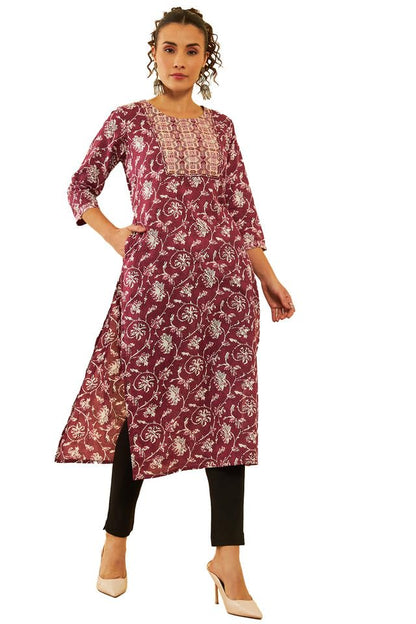 Soch Womens Wine Cotton Ajrak Printed Kurta With Sequinned Zari Work