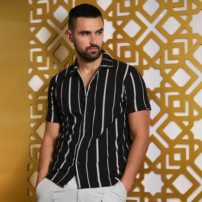 Campus Sutra Mens Black & White Pencil Striped Shirt for Casual Wear | Spread Collar | Short Sleeve | Button Closure | Cotton S