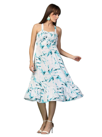 Oomph! WomenS Western & Fusion Wear Printed Crepe Dress For Women, Smocked Bodice, Blue - Md1054