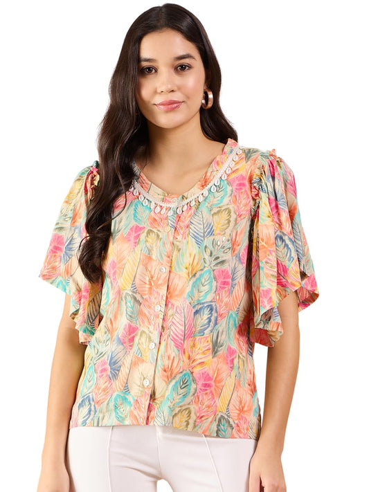Modeve Women Multicolor Floral Print Bell Sleeves Top