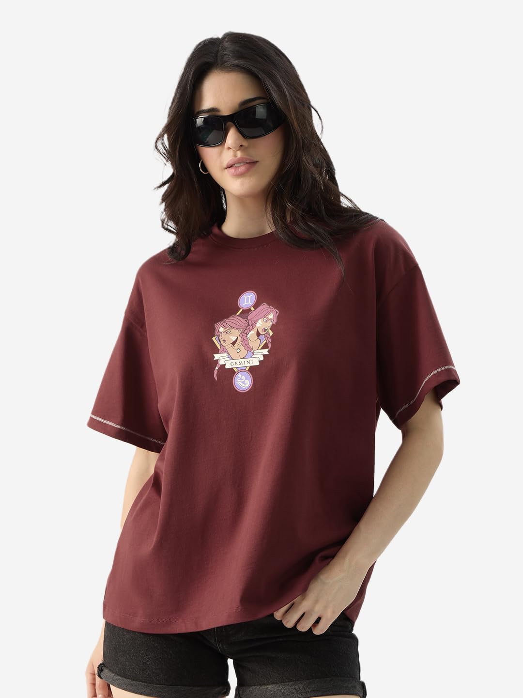 The Souled Store Zodiac: Gemini Women and Girls Short Sleeve Round Neck Red Graphic Printed Cotton Oversized T-Shirts