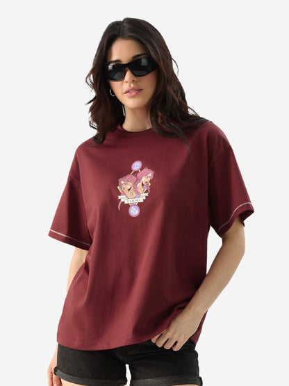 The Souled Store Zodiac: Gemini Women and Girls Short Sleeve Round Neck Red Graphic Printed Cotton Oversized T-Shirts